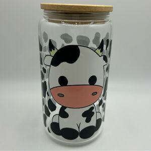 Glass Can Tumbler, 16 onzas, with bamboo Lid and Plastic Straw Included.